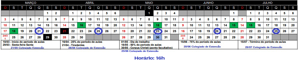 Calendário das reuniões da Extensão 2024.1